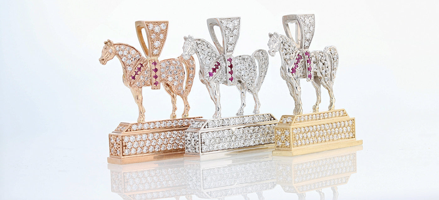 Pave Arabian Horse National Champion replica trophy pendants. Rose gold, white gold, and two- tone by Lesley Rand Bennett