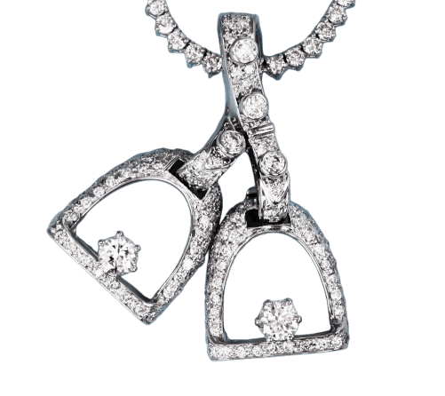 Double Diamond stirrup pendant by Lesley Rand Bennett. With a total of just over 3 carats 