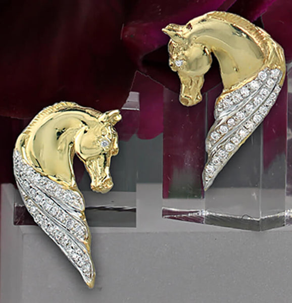 14k Yellow gold and diamond horse head earrings style 1282 by Lesley Rand Bennett