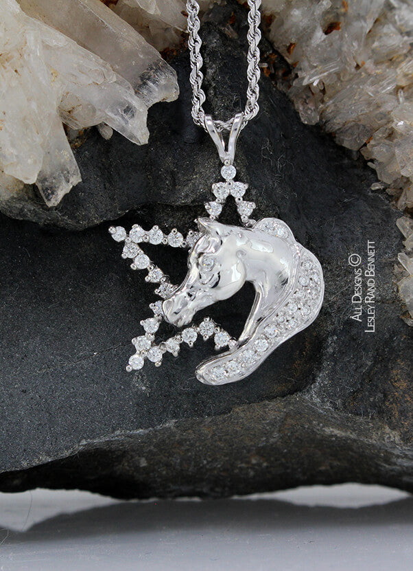 White gold and diamond star and horse head pendant  handcrafted by LesleyRand Bennett