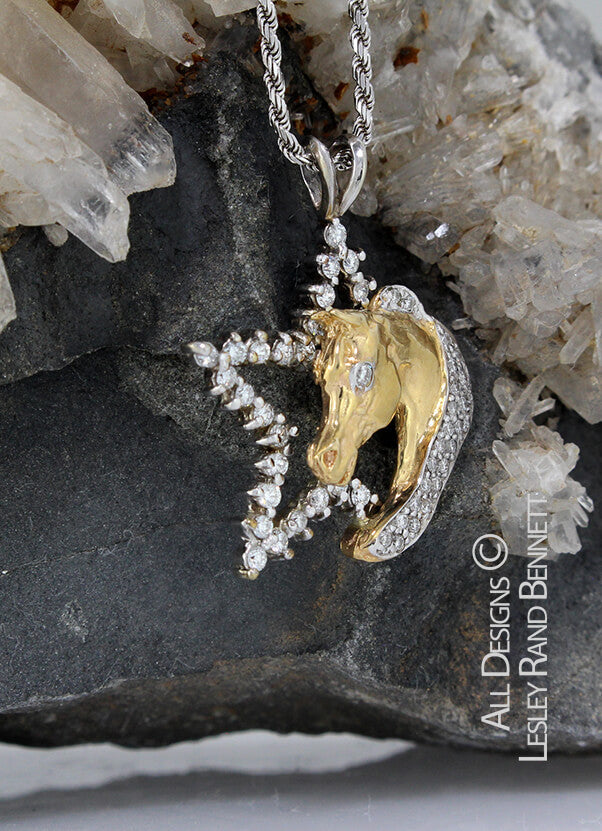 alternative view Yellow gold and diamond star and horse head pendant handcrafted by LesleyRand Bennett