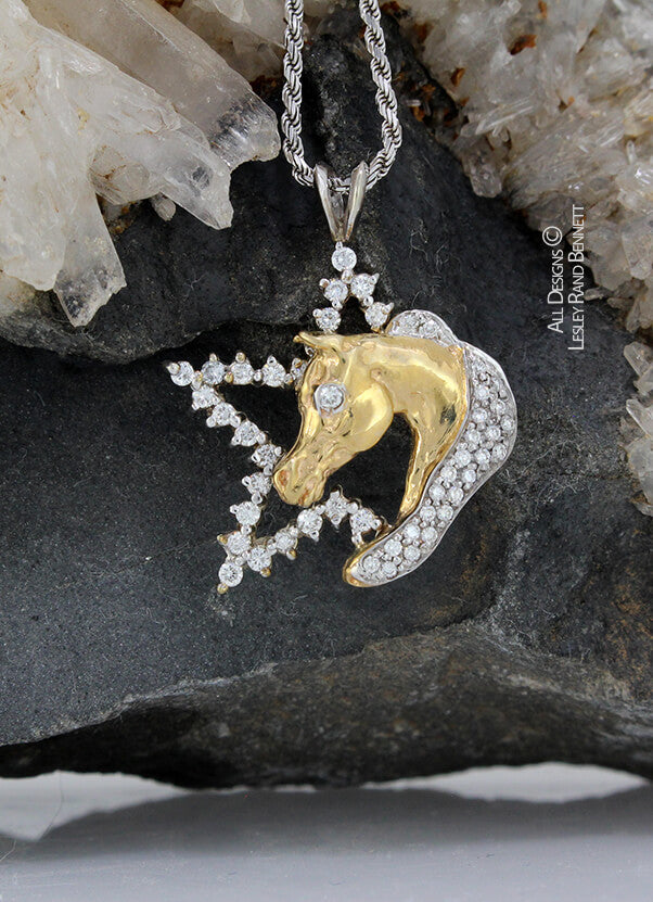 Yellow gold and diamond star and horse head pendant handcrafted by LesleyRand Bennett