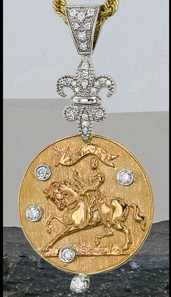14k gold and diamond Joan of Arc pendant Copyright and design by Lesley Rand Bennett