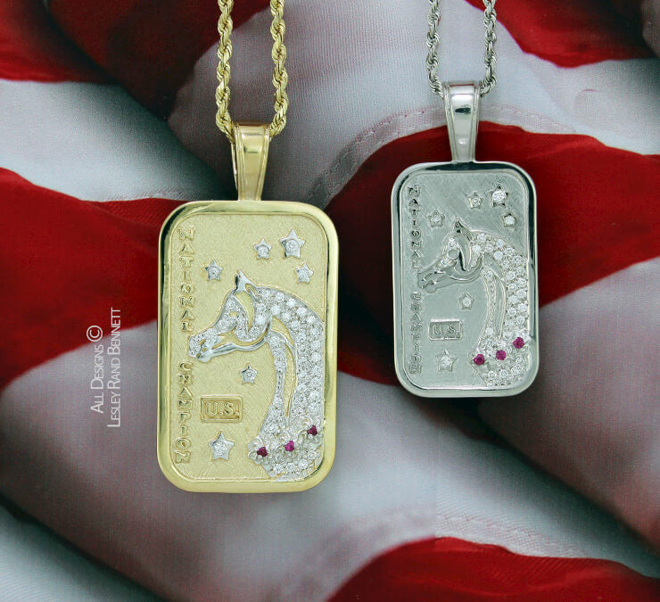 Large 14k yellow and small 14k white Arabian and Half-Arabian Horse National Champion Tag Pendants Pave by Lesley Rand Bennett