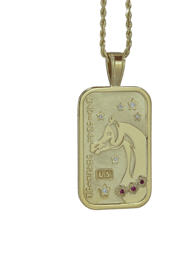 Large US Arabian and Half Arabian Horse National Champion Tag Pendant in 14k yellow gold . Copyrighted design handcrafted by Lesley Rand Bennett