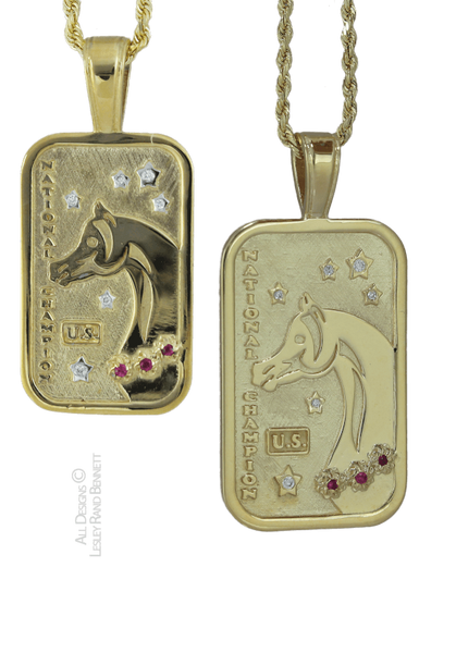 US Arabian and Half Arabian Horse National Champion Tag Pendants in 14k yellow gold . Copyrighted design handcrafted by Lesley Rand Bennett