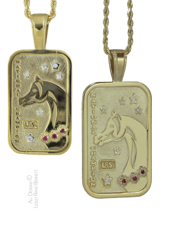 US Arabian and Half Arabian Horse National Champion Tag Pendants in 14k yellow gold . Copyrighted design handcrafted by Lesley Rand Bennett