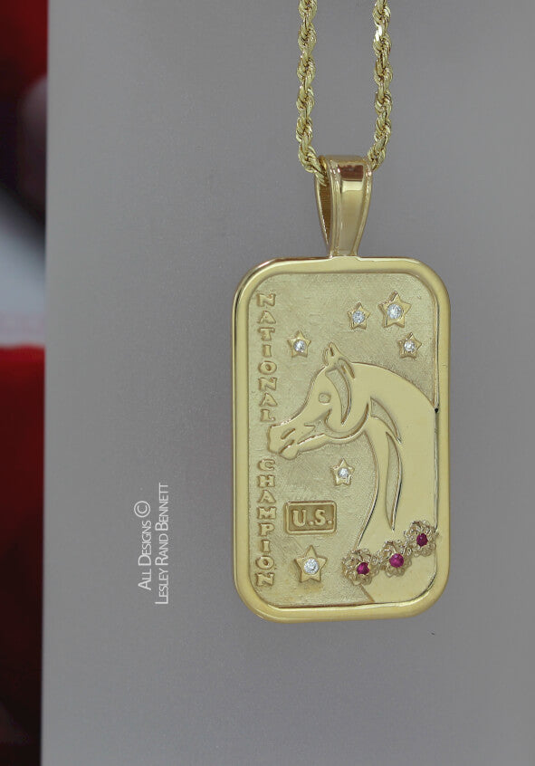 Large US Arabian and Half Arabian Horse National Champion Tag Pendant in 14k yellow gold . Copyrighted design handcrafted by Lesley Rand Bennett