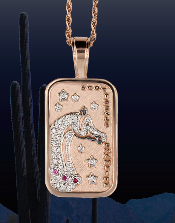 Scottsdale Arabian Horse Show Pave Champion Tag Pendant in 14k rose gold by Lesley Rand Bennett