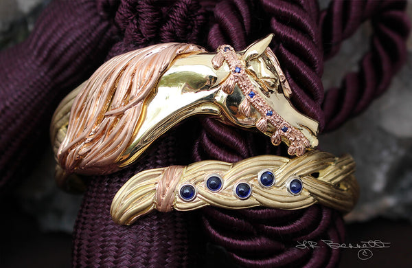 Braided Mane horse bracelet in solid yellow and rose gold with 1 carat of sapphires. this copyrighted design is handcrafted by Lesley Rand Bennett