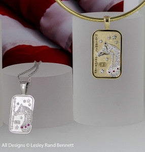 Large 14k yellow and small 14k white Arabian and Half-Arabian Horse National Champion Tag Pendants Pave by Lesley Rand Bennett