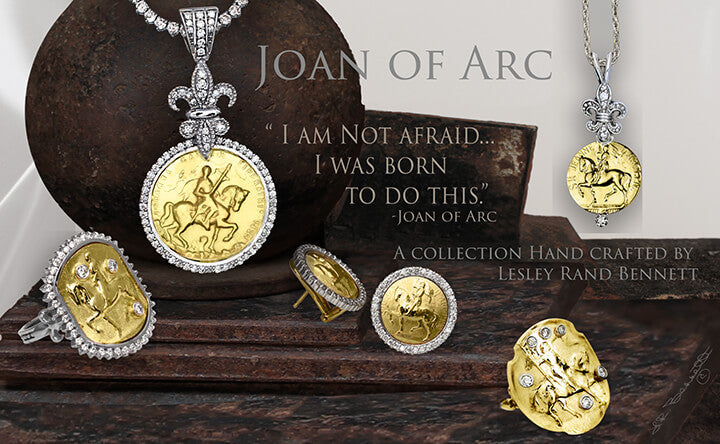 Joan of Arc 14k Jewelry Collection, Joan of Arc horse ring with diamonds, Joan of Arc Shield Ring, Joan of Arc horse Pendant, diamond fleur de lis earrings.By Lesley Rand Bennett