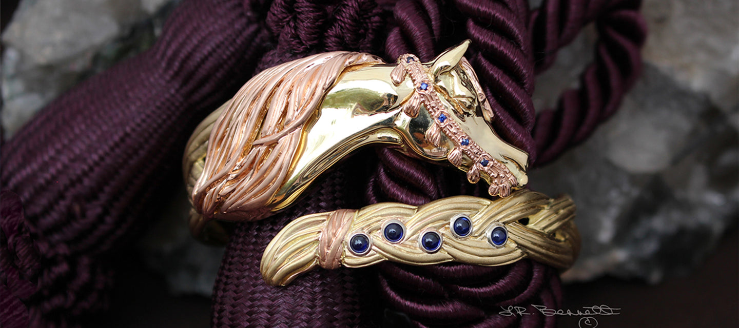 Arabian Horse Braided Mane bracelet in yellow and rose gold  with sapphires by Lesley Rand Bennett