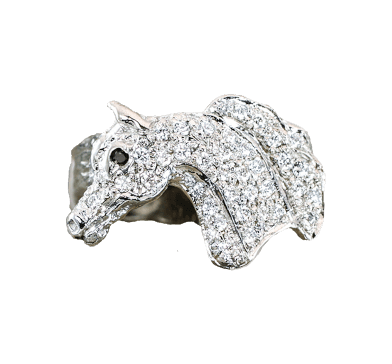 Pave diamond horse head ring in 14k white gold. This copyrighted design is handcrafted by Lesley Rand Bennett.