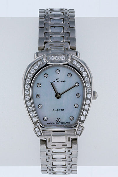 Catena Pave Horseshoe Watch Ladies White Mother of Pearl with 43 diamonds - Bennett Fine Jewelry