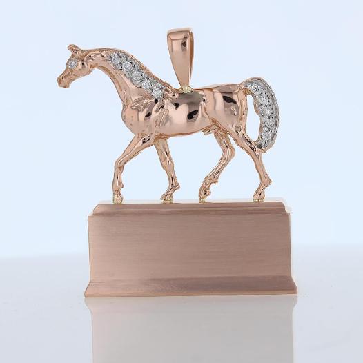 14k rose gold Darley award replica horse pendant with diamond eye, mane, and tail.