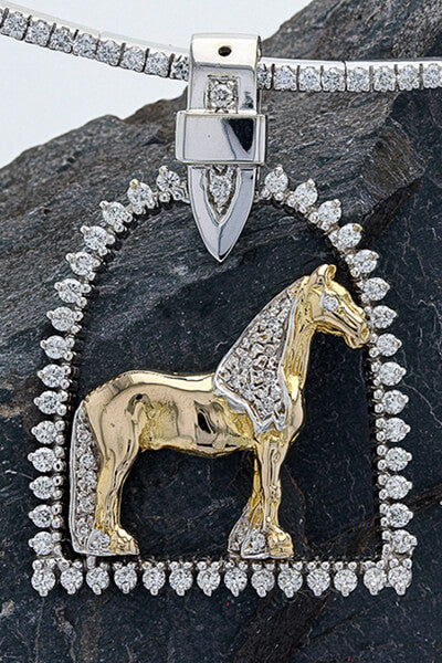 Diamond stirrup horse pendant with Friesian horse in 14k white and yellow gold 