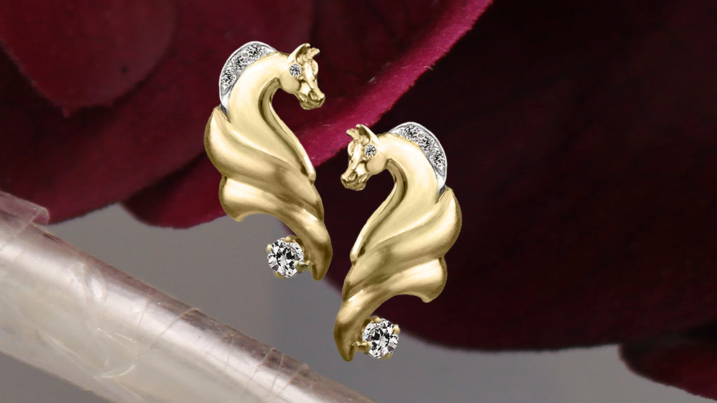 Yellow gold horse earrings with diamonds 924 by Lesley Rand Bennett