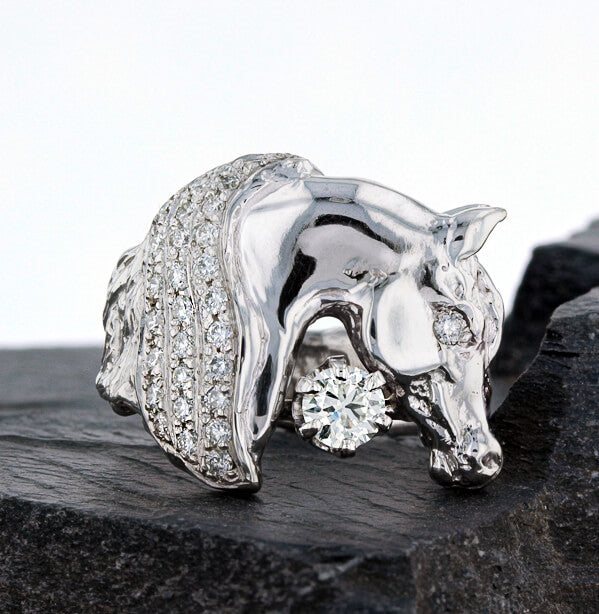 White gold horse head ring 1166 with pave mane and solitaire accent. By Lesley Rand Bennett