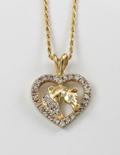 14k yellow gold horse head in diamond heart pendant handcrafted by Lesley Rand Bennett 