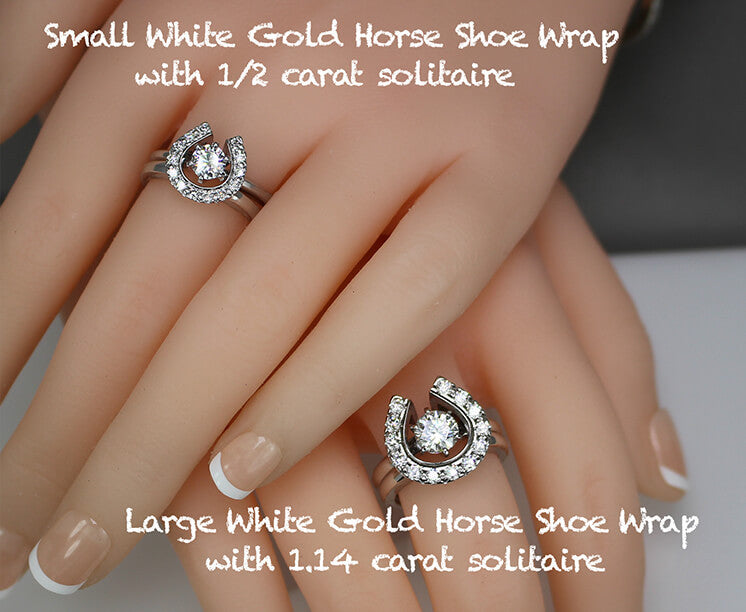 Comparison of two sizes of horseshoe wedding sets with different solitaires