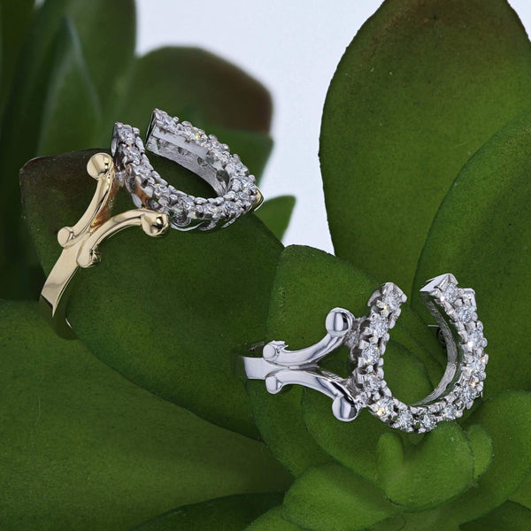 New classic diamond horseshoe rings by Lesley Rand Bennett. Pictured in yellow and white gold.