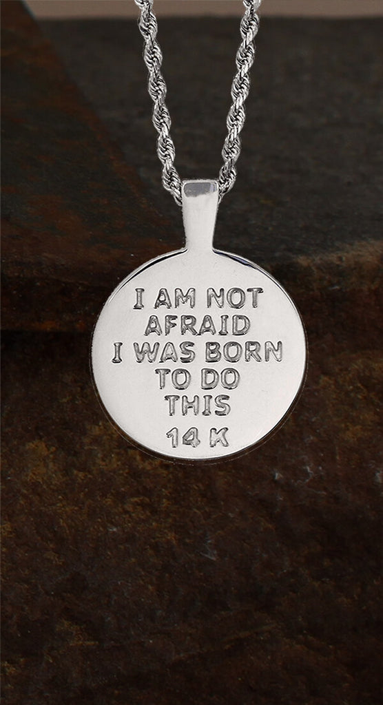 Joan of Arc Necklace Pendant 1489L shows the quotation on the reverse in white gold by Lesley Rand Bennett