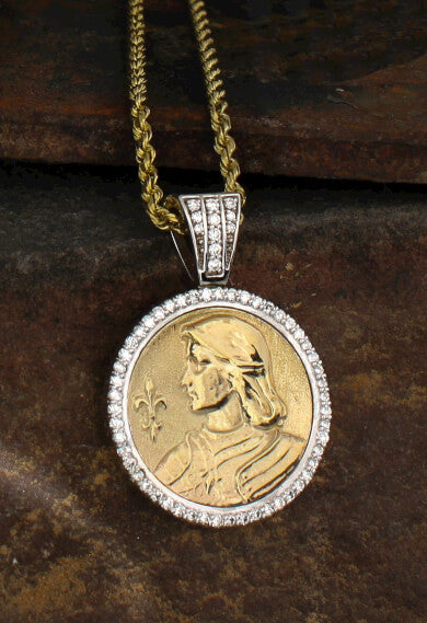 Joan of Arc Portrait pendant in 14k gold with diamonds handcrafted by Lesley Rand Bennett