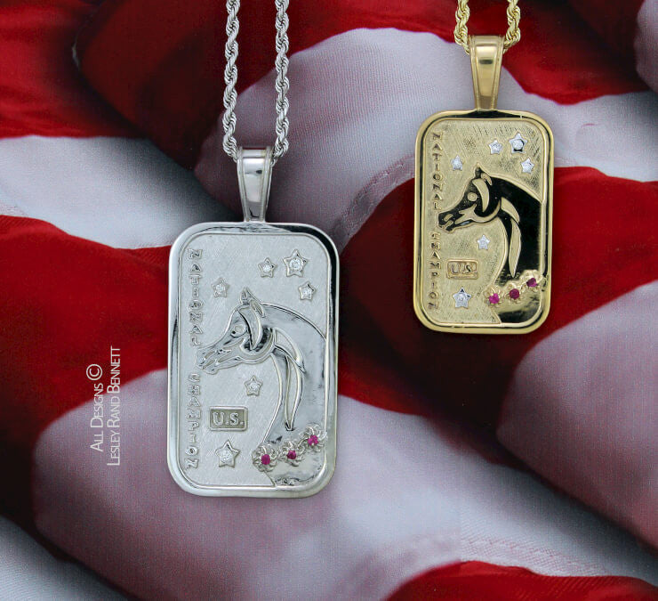 US Arabian and Half Arabian Horse National Champion Tag Pendants in 14k yellow and white gold . Copyrighted design handcrafted by Lesley Rand Bennett