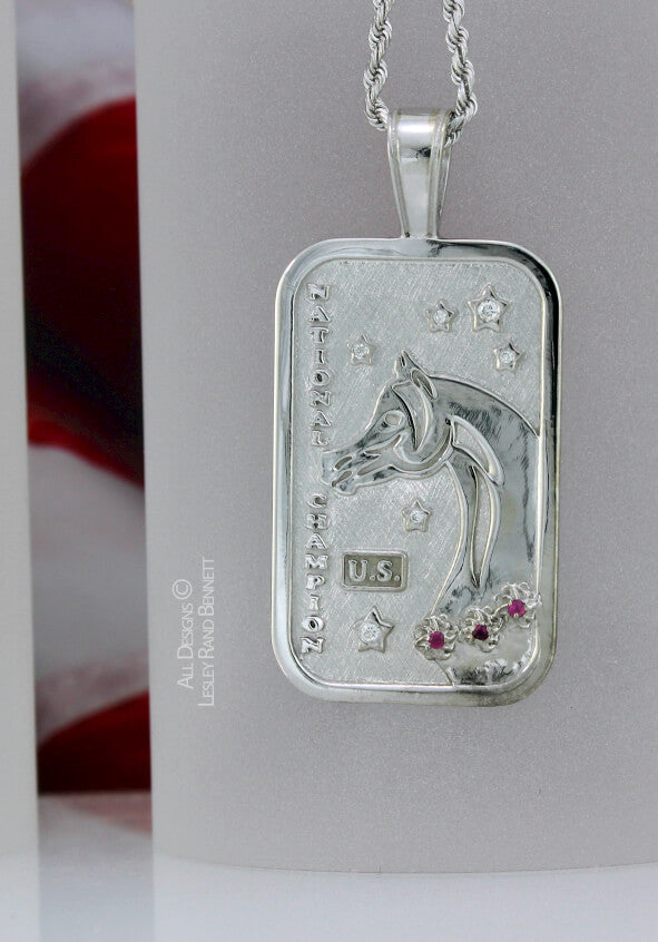 Large US Arabian and Half Arabian Horse National Champion Tag Pendant in 14k white gold . Copyrighted design handcrafted by Lesley Rand Bennett