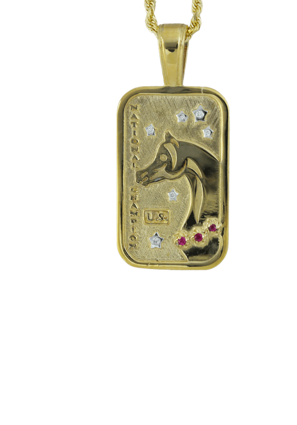 Small US Arabian and Half Arabian Horse National Champion Tag Pendant in 14k yellow gold . Copyrighted design handcrafted by Lesley Rand Bennett