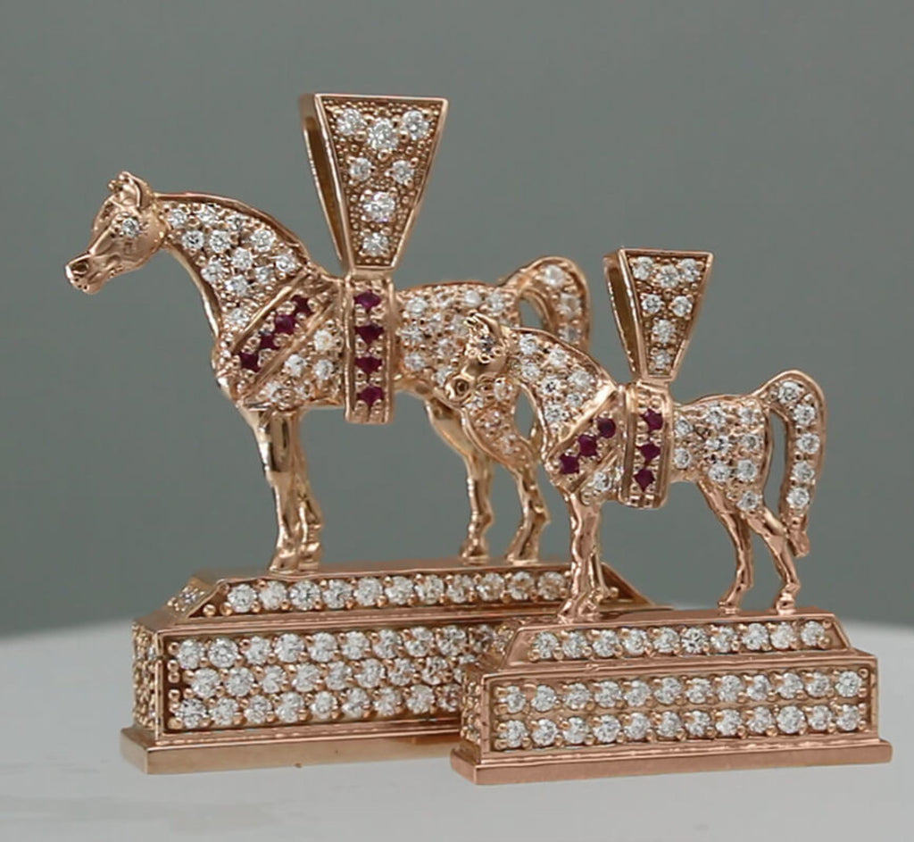 Pave trophy replica Arabian Horse pendants in rose gold. Two sizes. By Lesley Rand Bennett