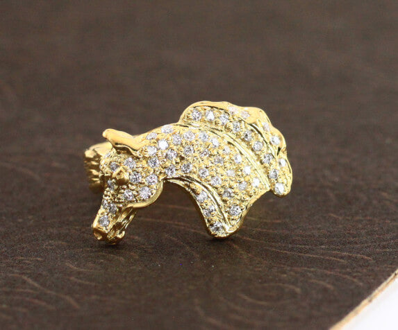 Pave diamond horse head ring in 14k yellow gold. This copyrighted design is handcrafted by Lesley Rand Bennett.