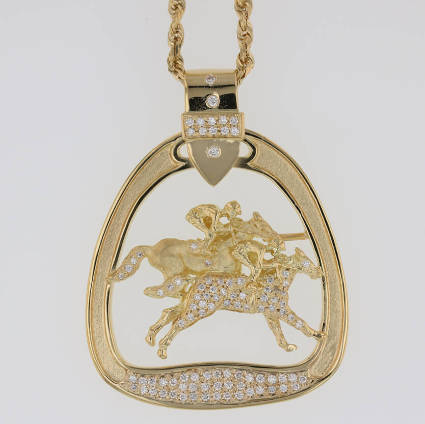 Run for the Roses horse racing stirrup pendant with diamonds alternate view