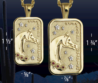 Scottsdale Arabian Horse Show reserve Champion Tag Pendants shown in two sizes with measurements for comparison  by Lesley Rand Bennett