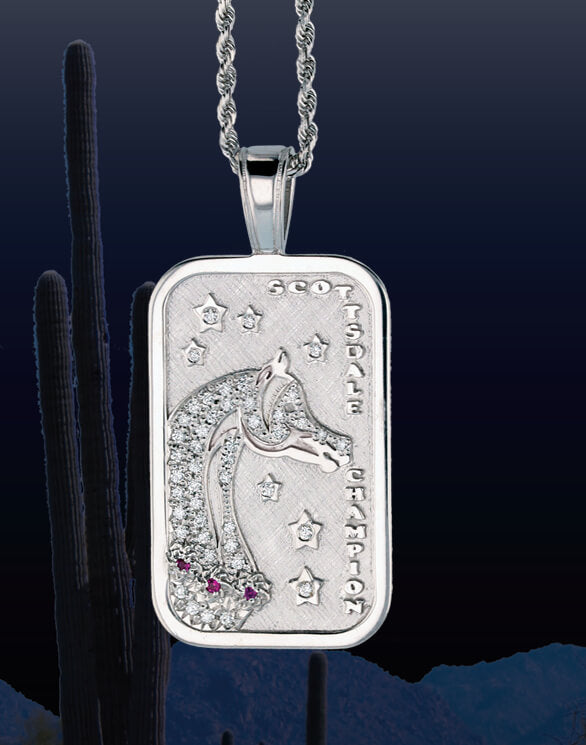 Scottsdale Arabian Horse Show Pave Champion Tag Pendant in 14k white gold by Lesley Rand Bennett