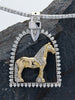 Diamond stirrup horse pendant with Friesian horse in 14k gold 