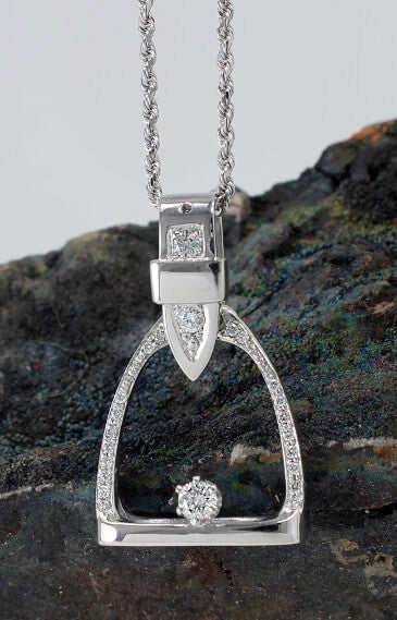 14k White gold and diamond stirrup pendant. this copyrighted design is handcrafted by Lesley Rand Bennett