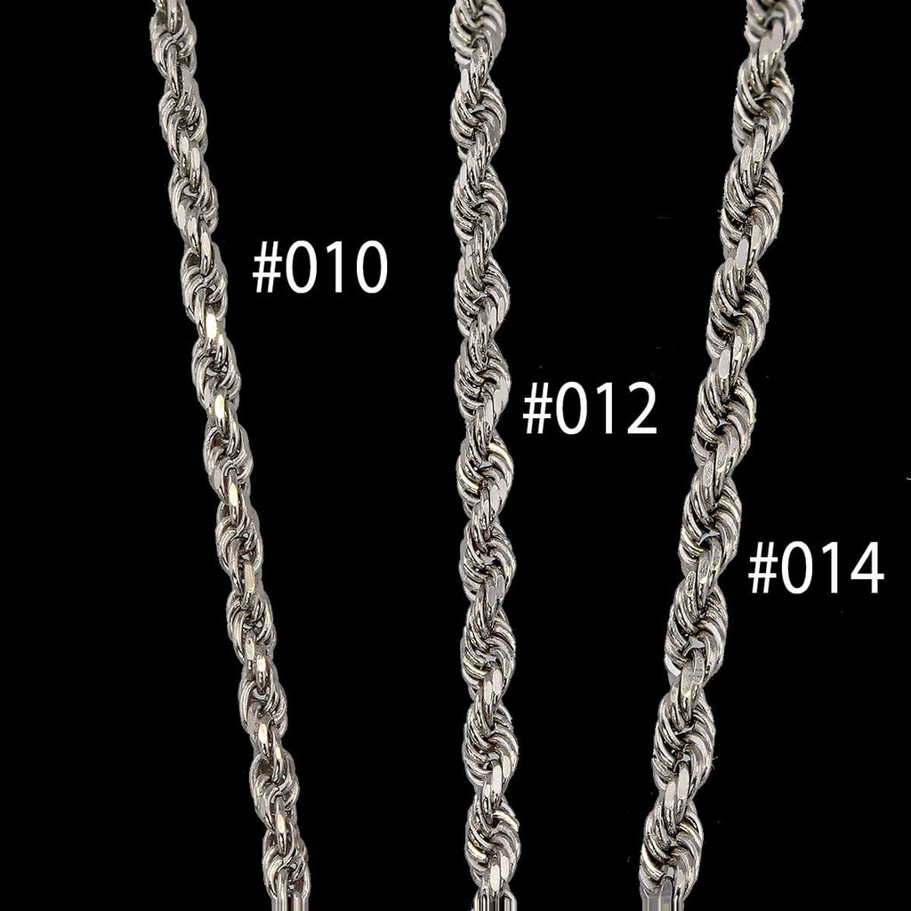 14k White gold rope chains in three sizes.