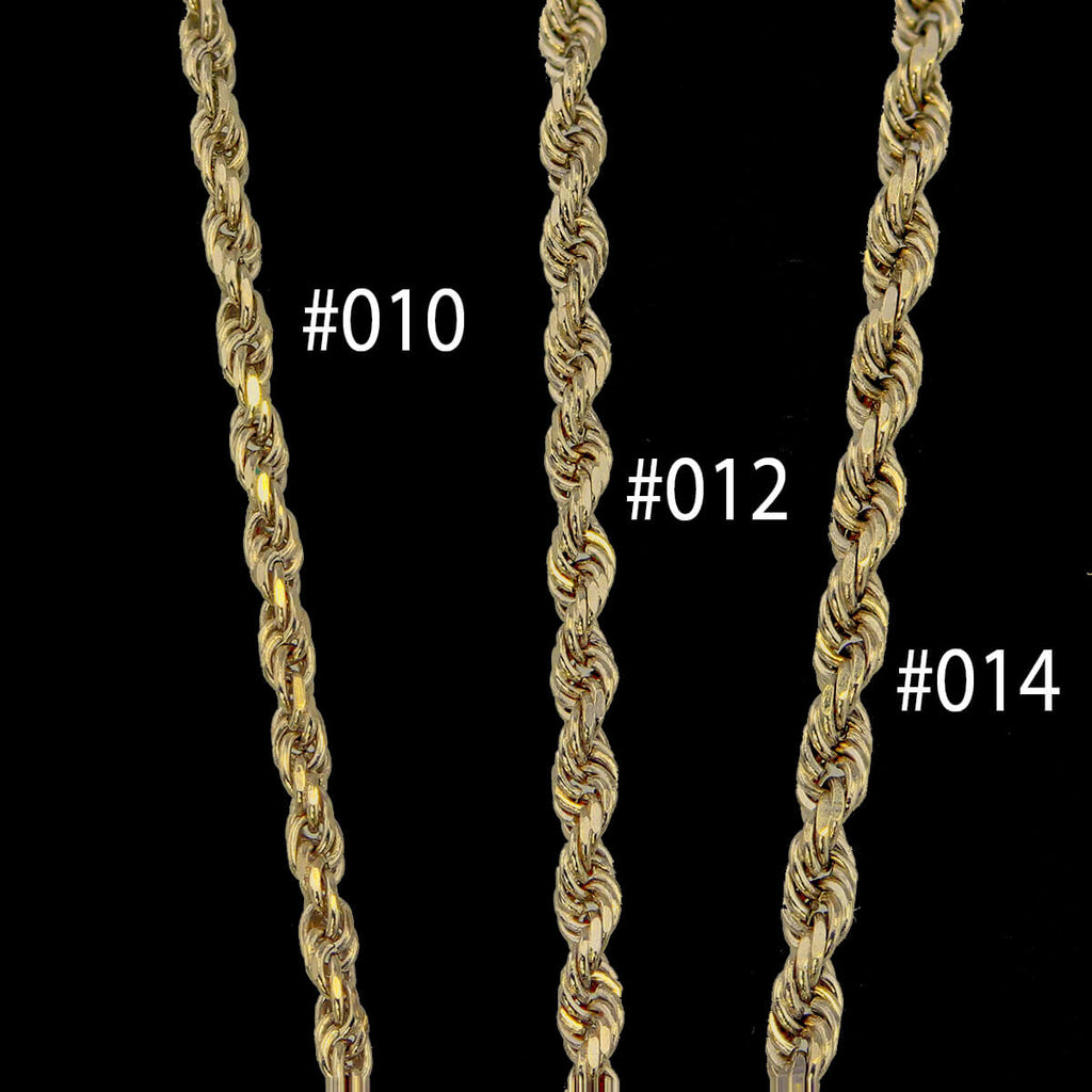 14k Yellow diamond cut rope chains in various sizes.