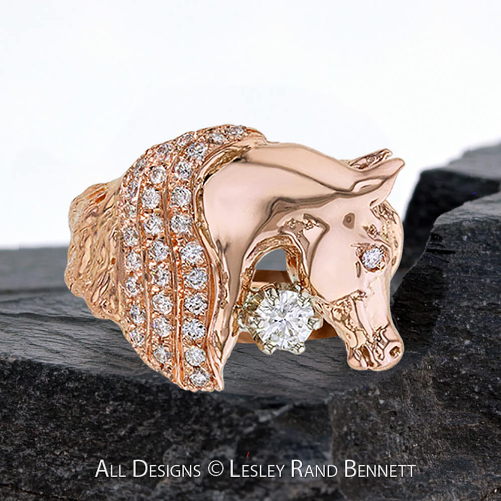 Diamond Arabian Horse ring in 14k rose gold by Lesley Rand Bennett