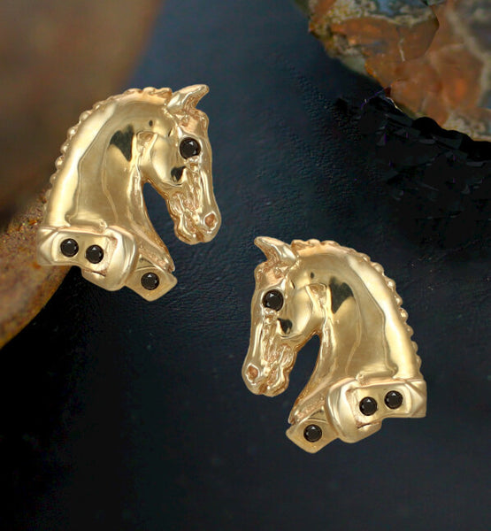 Horse Head Earrings. Black Diamonds and 14k gold. Hand crafted by Lesley Rand Bennett