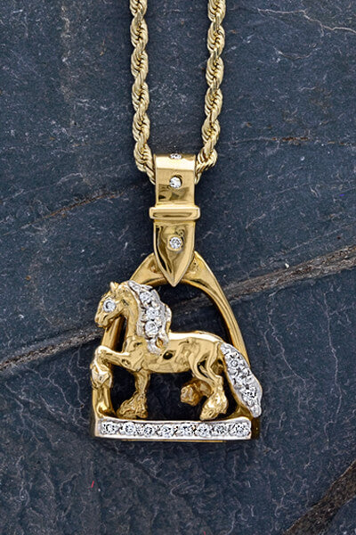 Friesian Horse Stirrup Pendant in 14k yellow gold with diamonds by lesley Rand Bennett